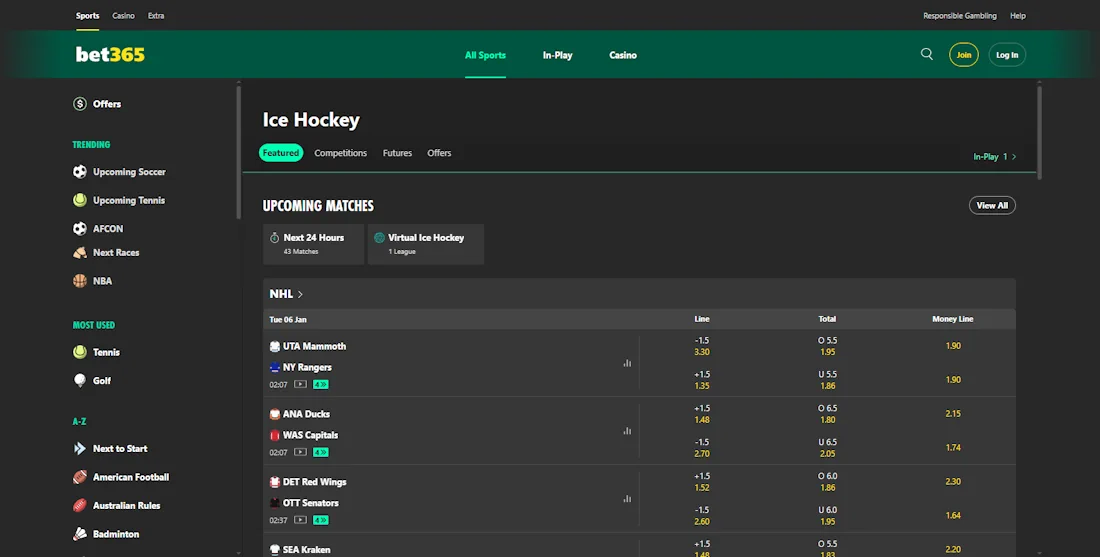 Bet365 Hockey Betting Screenshot